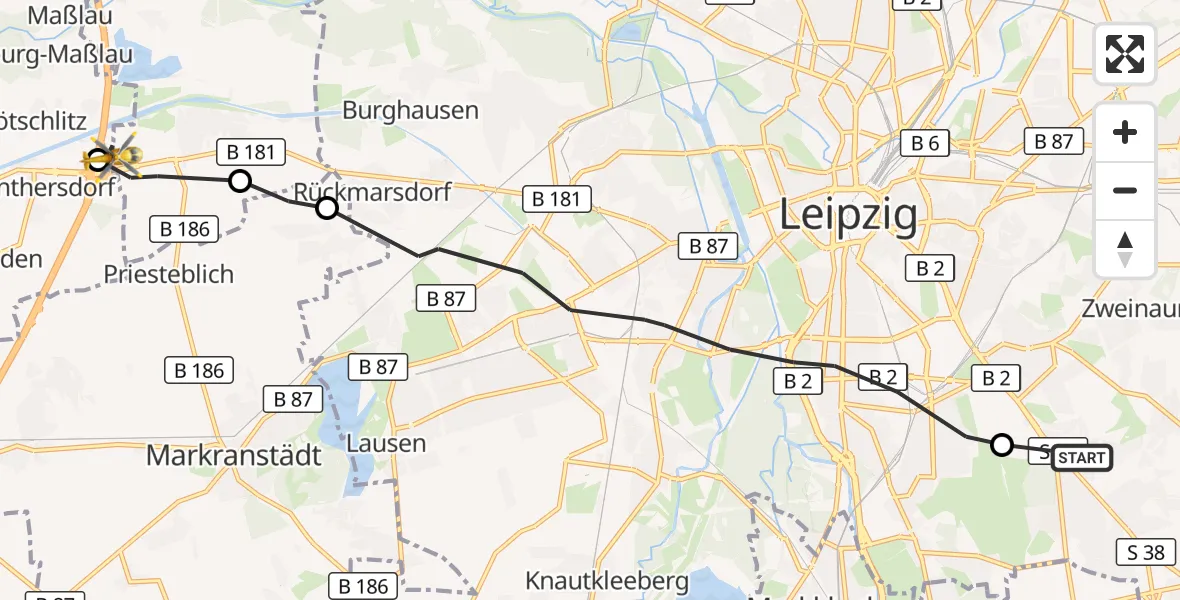 Flugroute Rettungshubschrauber Leipzig Heart Center Ground Hubschrauberlandeplatz - ADAC Air Rescue Station Leipzig/Schkeuditz-Dölzig Hubschrauberlandeplatz (Christoph 61), 07 Oktober 2026, 15:58