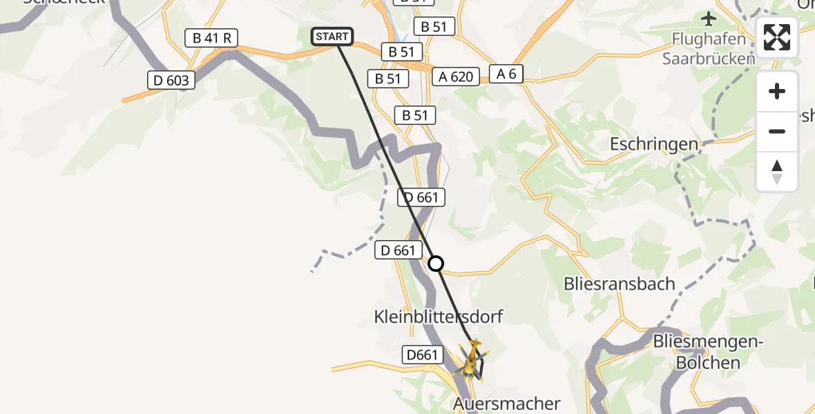 Flugroute Rettungshubschrauber Saarbrücken - Kleinblittersdorf, 07 Oktober 2026, 15:59