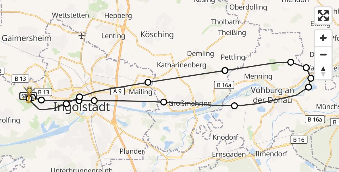 Flugroute Rettungshubschrauber Ingolstadt Hospital - Ingolstadt Hospital, 07 Oktober 2026, 16:02