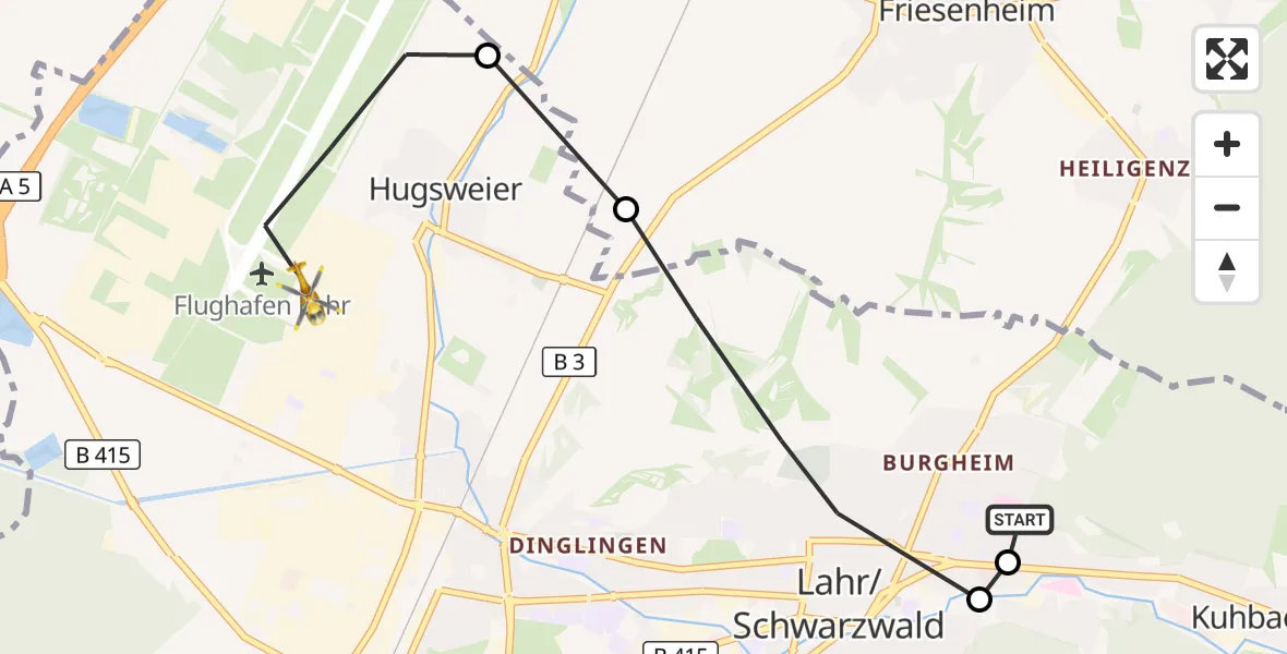 Flugroute Rettungshubschrauber Ortenau Hospital Lahr-Ettenheim - Lahr Flughafen, 07 Oktober 2026, 16:02