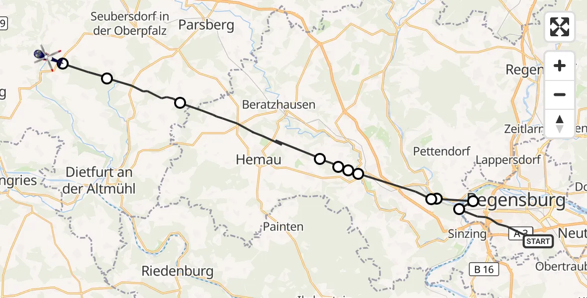 Flugroute Polizeihubschrauber Regensburg - Berching, 07 Oktober 2026, 16:07