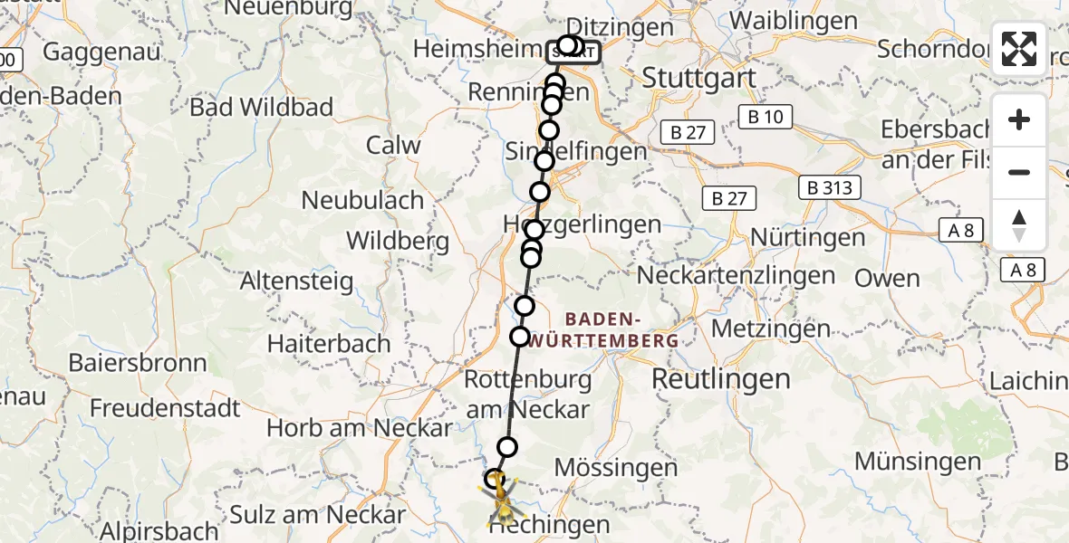Flugroute Rettungshubschrauber Leonberg Hospital - Rangendingen, 07 Oktober 2026, 16:09