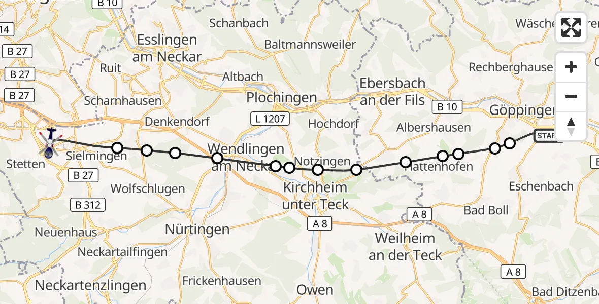Flugroute Polizeihubschrauber Göppingen - Flughafen Stuttgart, 07 Oktober 2026, 16:10