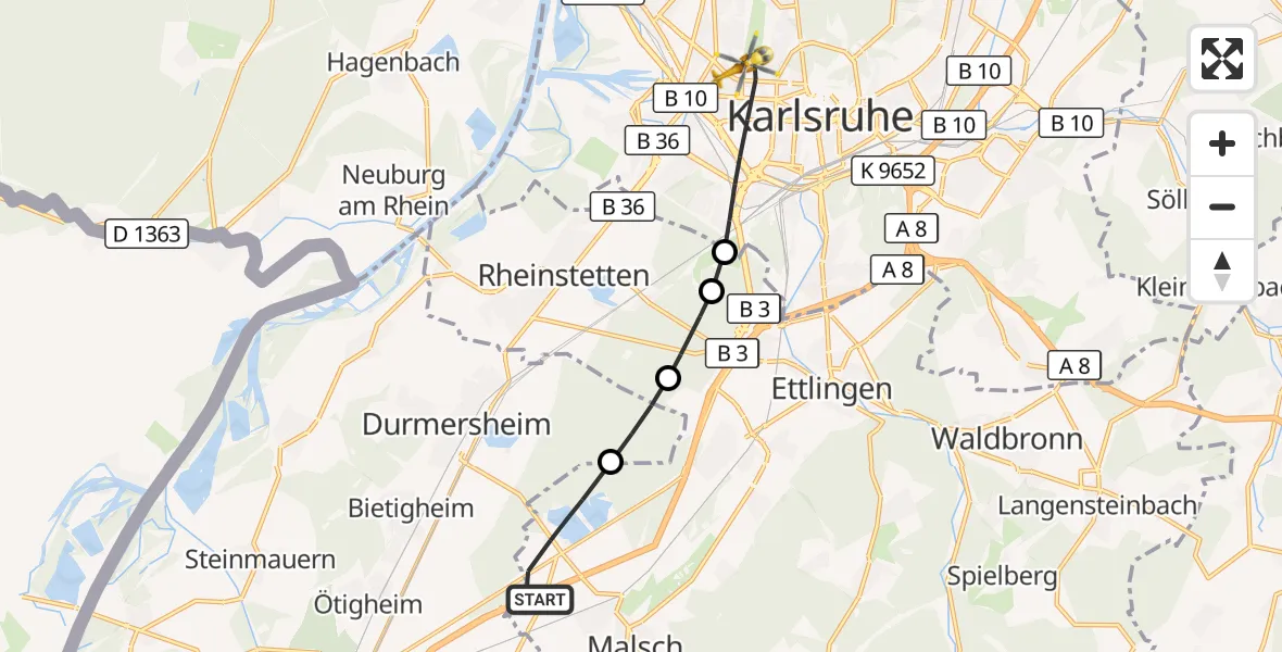 Flugroute Ambulanzhubschrauber Malsch - Karlsruhe, 07 Oktober 2026, 16:16