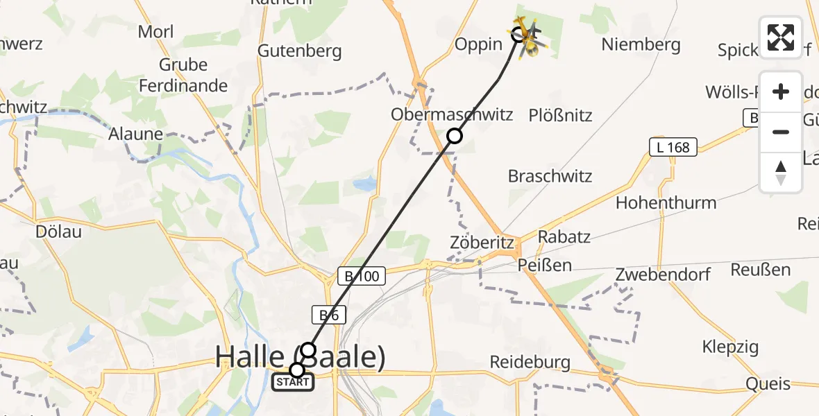 Flugroute Rettungshubschrauber Sankt Elisabeth and Sankt Barbara Hospital Halle (Saale) - Halle-Oppin Flugplatz, 07 Oktober 2026, 16:24