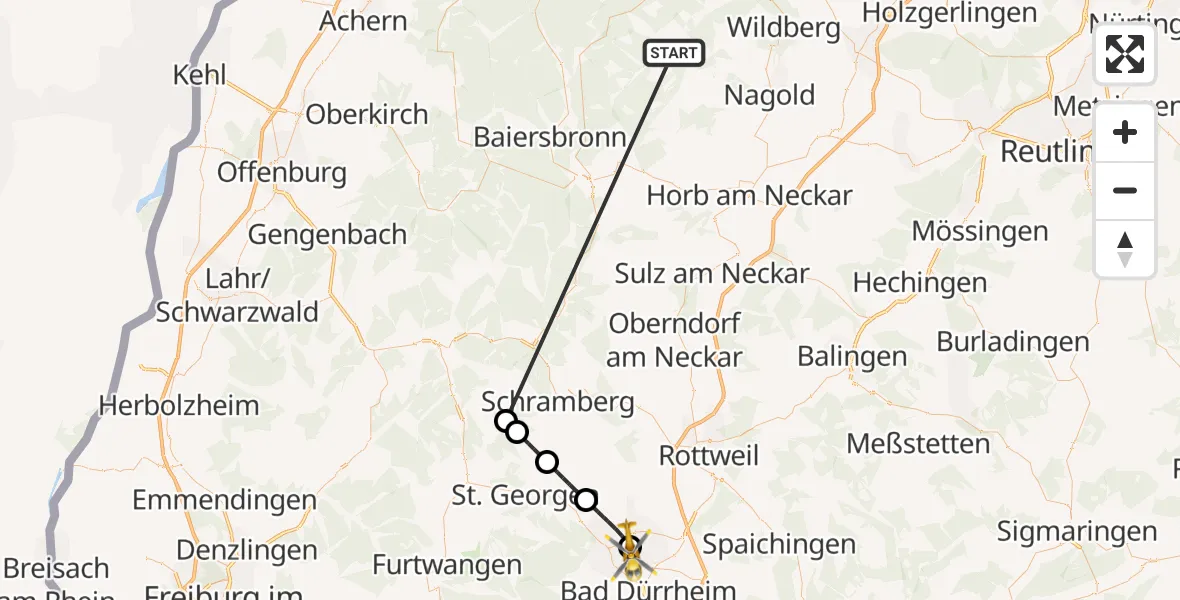Flugroute Ambulanzhubschrauber Altensteig - DRF Air Rescue Station Villingen-Schwenningen Hubschrauberlandeplatz (Christoph 11), 07 Oktober 2026, 16:27