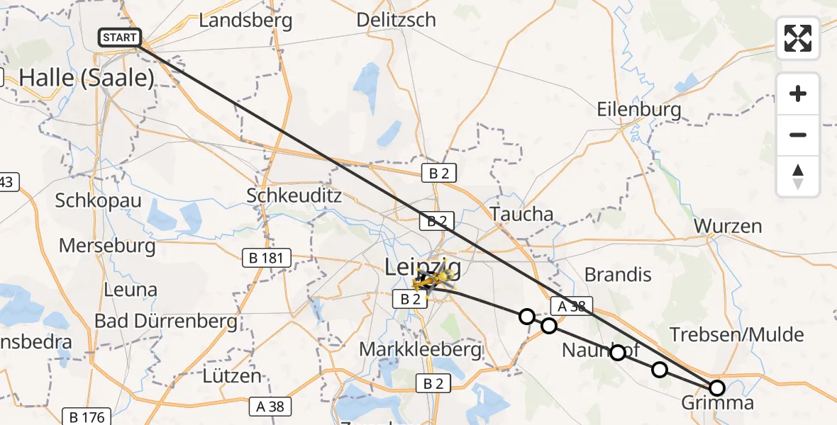 Flugroute Rettungshubschrauber Halle (Saale) - Leipzig University Hospital Heliport 1, 07 Oktober 2026, 16:31