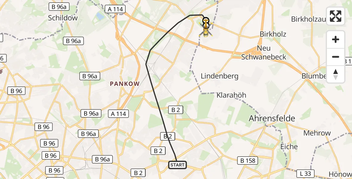 Flugroute Rettungshubschrauber Berlin - Helios Clinic Berlin-Buch, 07 Oktober 2026, 16:34