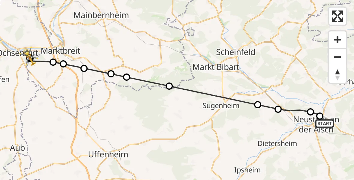 Flugroute Rettungshubschrauber Neustadt Hospital - Ochsenfurt Hospital, 07 Oktober 2026, 16:35