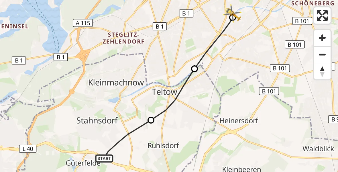 Flugroute Rettungshubschrauber Stahnsdorf - Charité Clinic Benjamin Franklin Campus, 07 Oktober 2026, 16:46