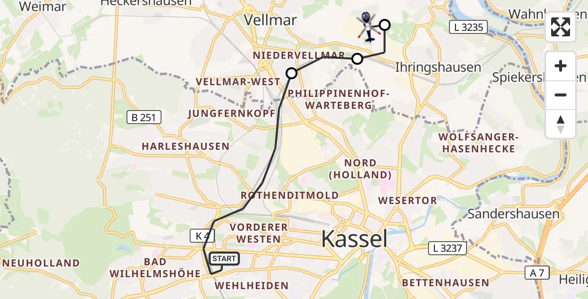 Flugroute Polizeihubschrauber Kassel - Fuldatal Bundespolizei Hubschrauberlandeplatz, 07 Oktober 2026, 16:49