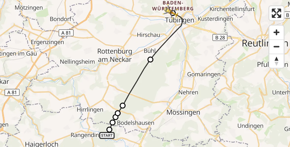 Flugroute Rettungshubschrauber Hechingen - Tübingen University Hospital, 07 Oktober 2026, 16:55