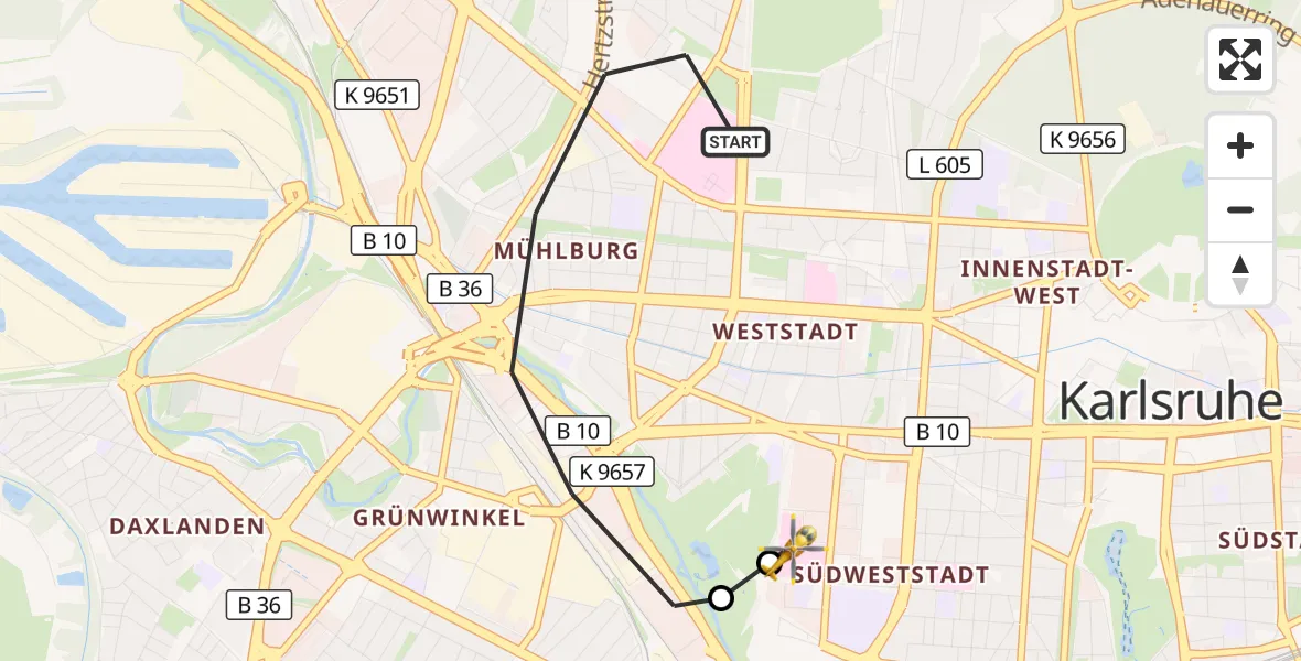 Flugroute Ambulanzhubschrauber Karlsruhe - Sankt Vincentius Hospital, 07 Oktober 2026, 17:02