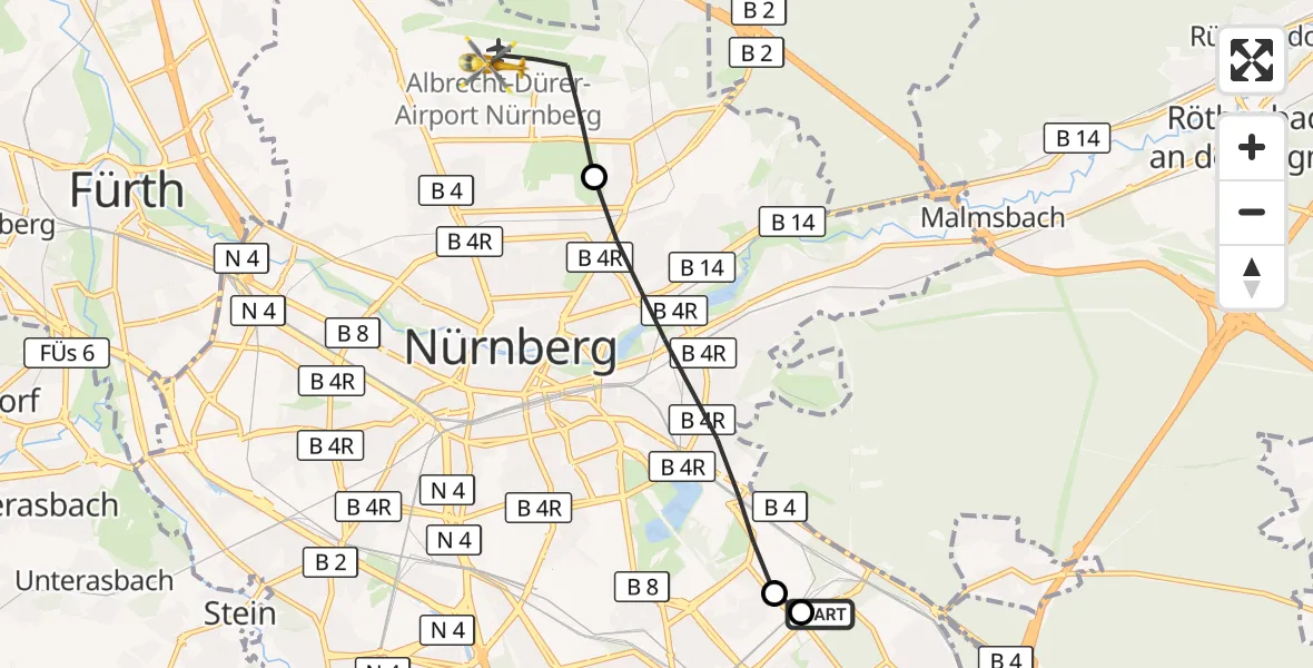 Flugroute Rettungshubschrauber Nürnberg South Hospital - Flughafen Nuremberg, 07 Oktober 2026, 17:05