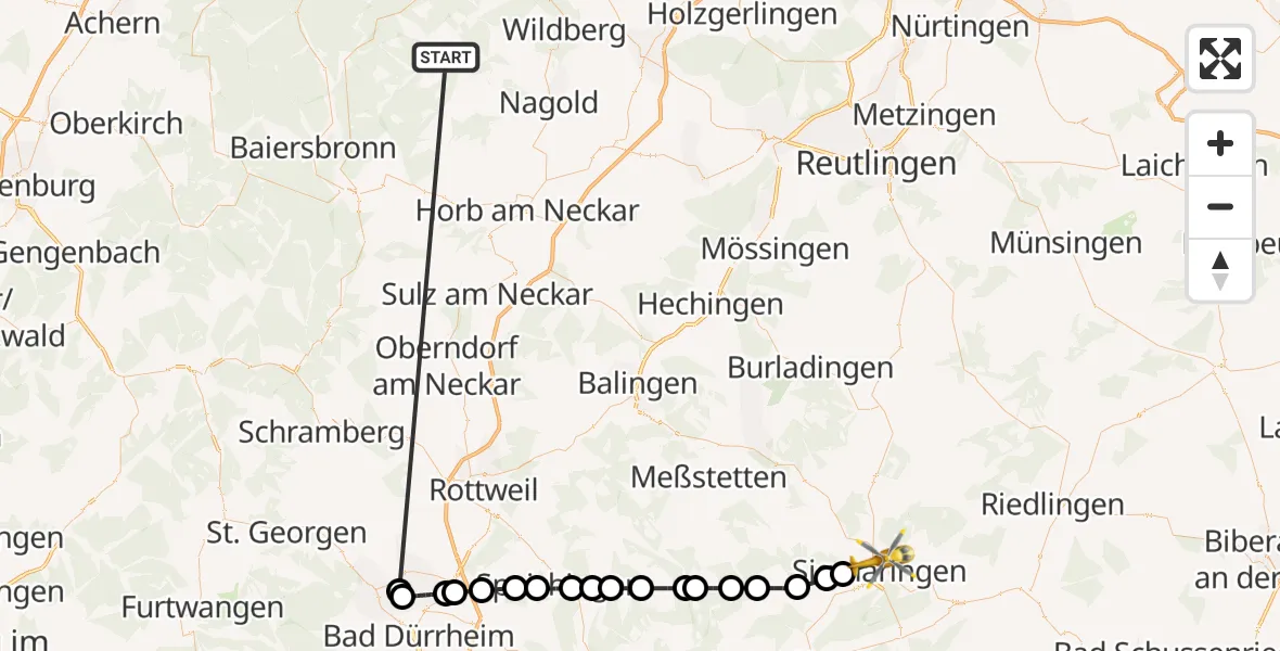 Flugroute Ambulanzhubschrauber Altensteig - Sigmaringen, 07 Oktober 2026, 17:17
