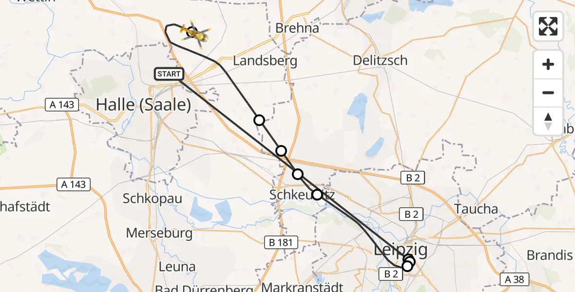 Flugroute Rettungshubschrauber Halle (Saale) - Halle-Oppin Flugplatz, 07 Oktober 2026, 17:30