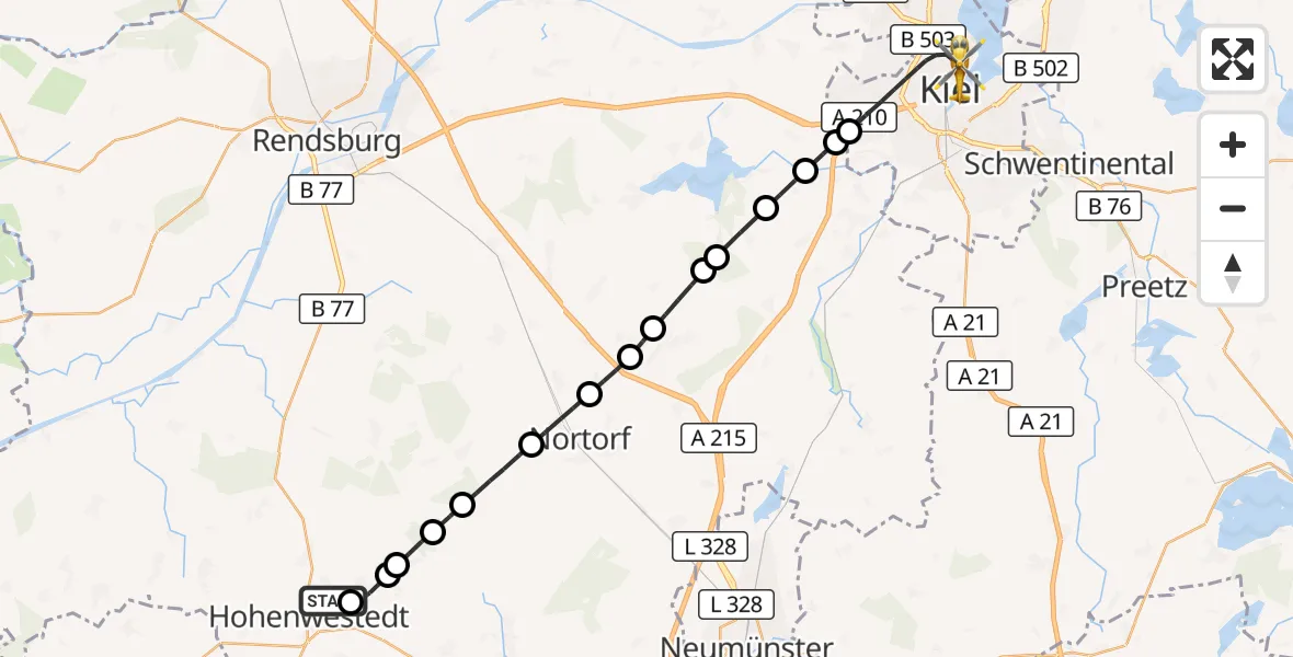 Flugroute Ambulanzhubschrauber Hohenwestedt - Kiel, 07 Oktober 2026, 17:45