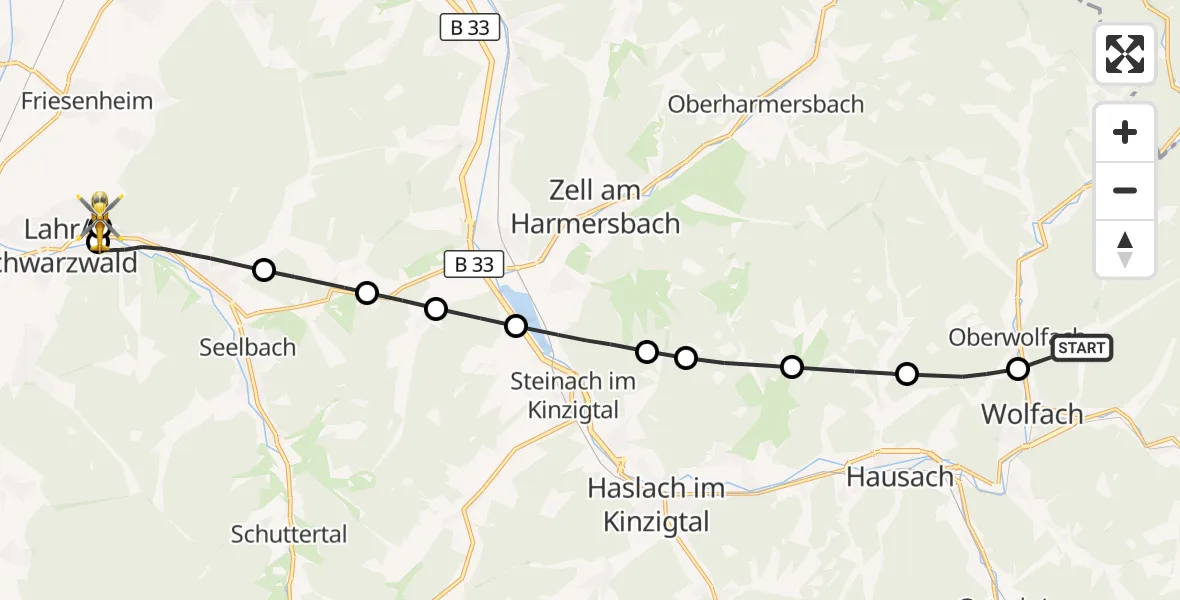 Flugroute Rettungshubschrauber Wolfach - Ortenau Hospital Lahr-Ettenheim, 07 Oktober 2026, 18:05