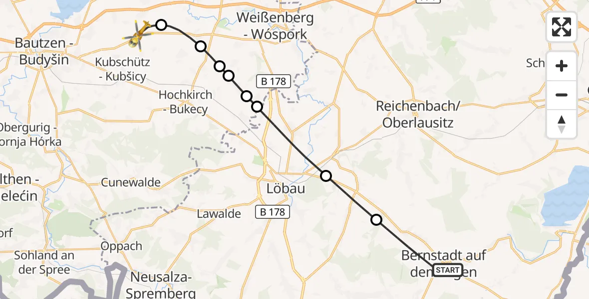 Flugroute Rettungshubschrauber Bernstadt a.d.Eigen - Bautzen Flugplatz, 07 Oktober 2026, 18:08