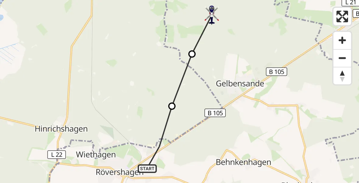 Flugroute Polizeihubschrauber Rövershagen - Gelbensande, 07 Oktober 2026, 18:23