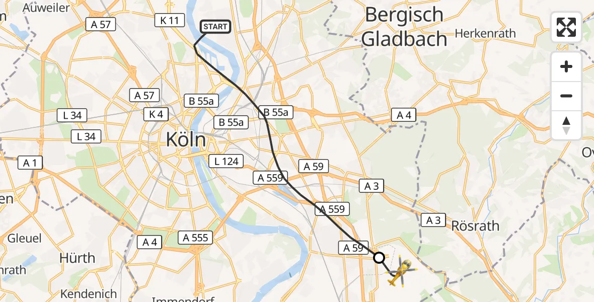 Flugroute Ambulanzhubschrauber Köln - Köln Bonn Flughafen, 07 Oktober 2026, 18:40