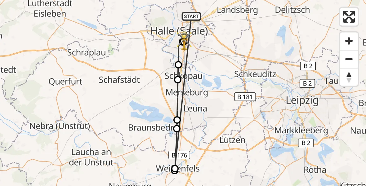 Flugroute Rettungshubschrauber Halle (Saale) - BG Hospital Bergmannstrost Halle, 07 Oktober 2026, 18:46