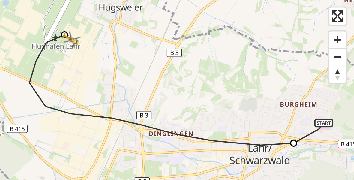 Flugroute Rettungshubschrauber Ortenau Hospital Lahr-Ettenheim - Lahr Flughafen, 07 Oktober 2026, 18:50