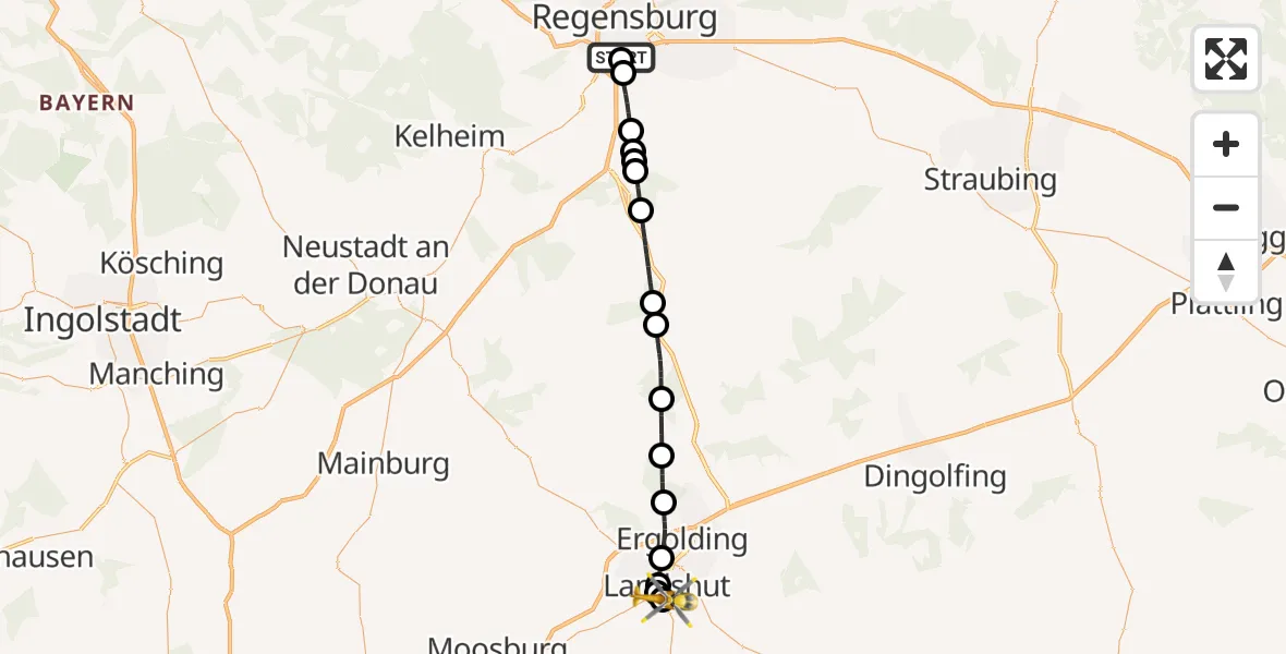 Flugroute Rettungshubschrauber DRF Air Rescue Station Regensburg / Regensburg University Hospital - Lakumed Hospital Landshut-Achdorf, 07 Oktober 2026, 19:00