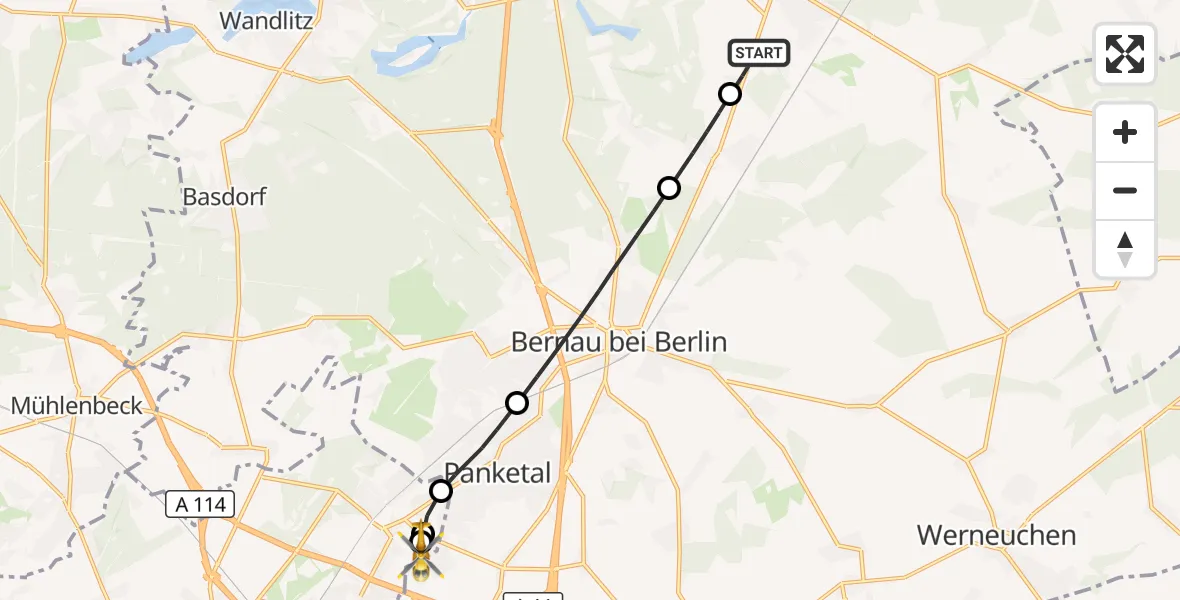 Flugroute Rettungshubschrauber Biesenthal - Helios Clinic Berlin-Buch, 07 Oktober 2026, 19:05