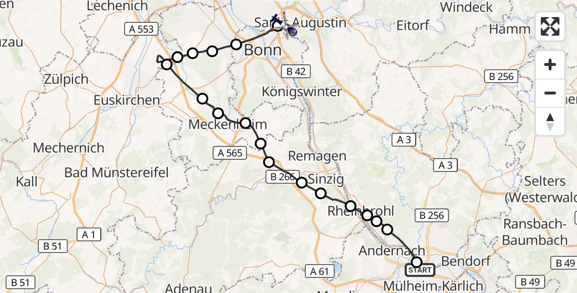 Flugroute Polizeihubschrauber Weißenthurm - Sankt Augustin, 07 Oktober 2026, 19:17