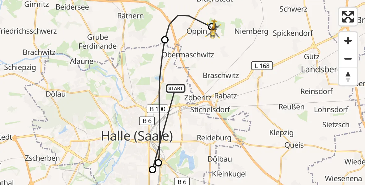 Flugroute Rettungshubschrauber Halle (Saale) - Halle-Oppin Flugplatz, 07 Oktober 2026, 19:22