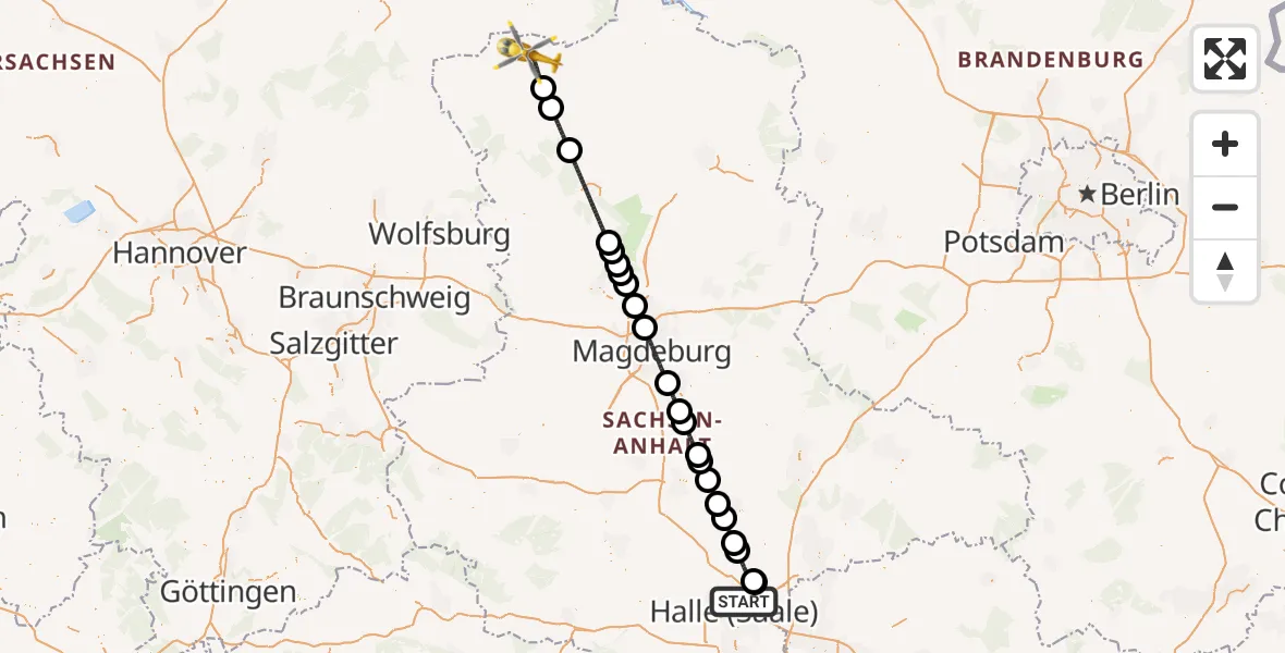 Flugroute Rettungshubschrauber Halle (Saale) - Salzwedel, 07 Oktober 2026, 19:50