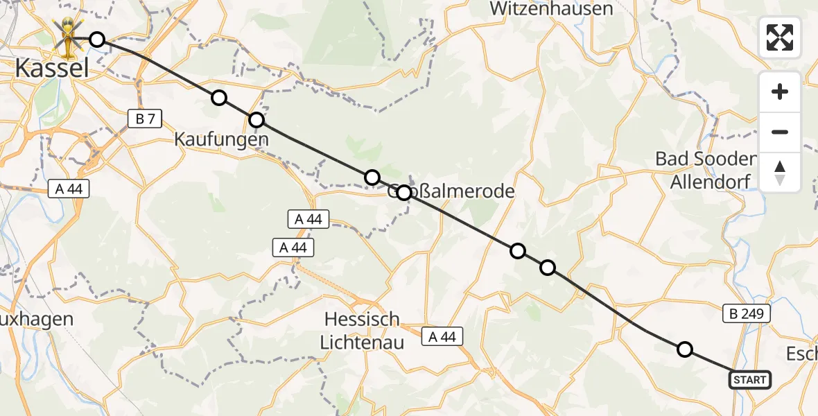 Flugroute Ambulanzhubschrauber Eschwege - Kassel, 07 Oktober 2026, 20:42