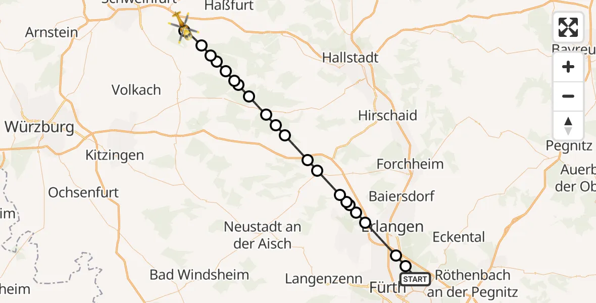 Flugroute Rettungshubschrauber Flughafen Nuremberg - Grettstadt, 07 Oktober 2026, 21:34
