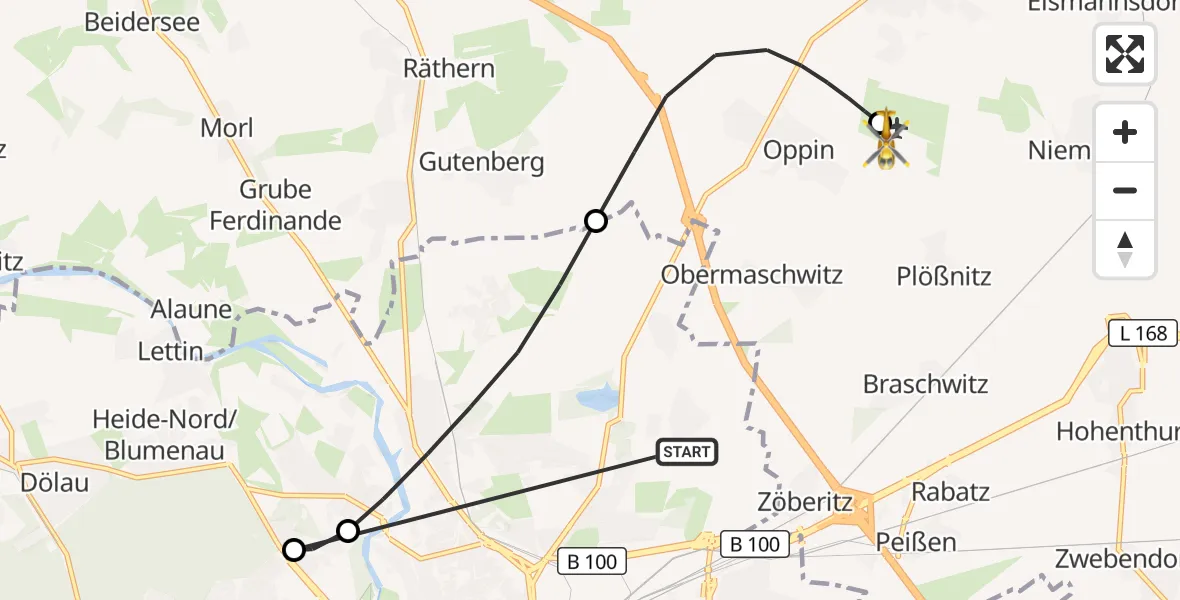 Flugroute Rettungshubschrauber Halle (Saale) - Halle-Oppin Flugplatz, 07 Oktober 2026, 22:21