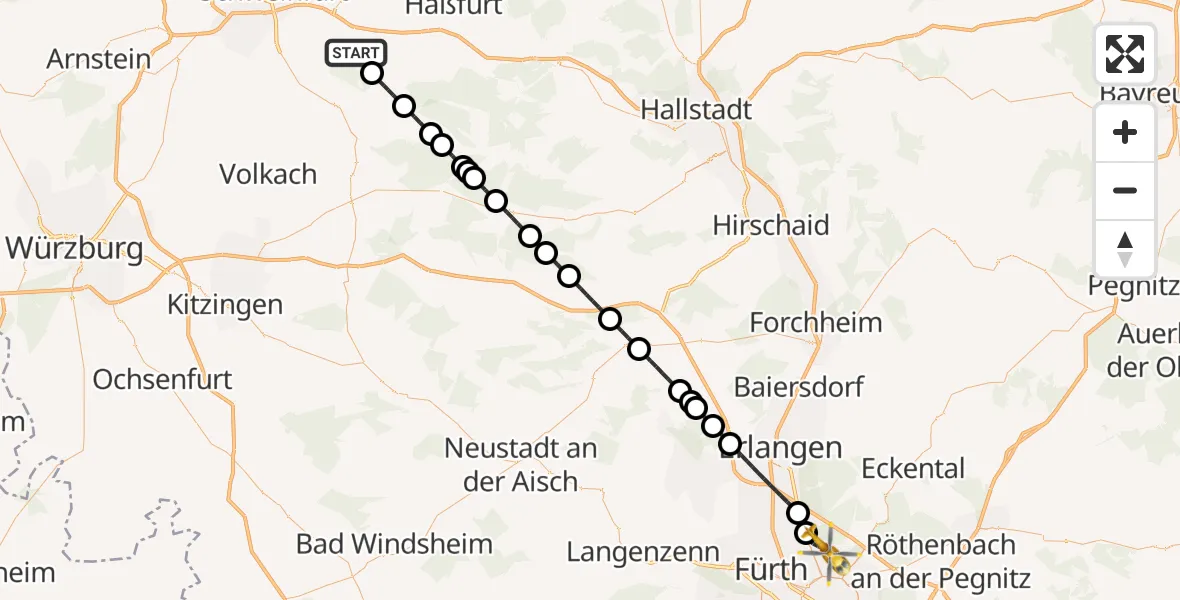 Flugroute Rettungshubschrauber Grettstadt - Flughafen Nuremberg, 07 Oktober 2026, 22:43