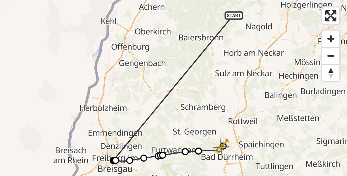 Flugroute Ambulanzhubschrauber Altensteig - DRF Air Rescue Station Villingen-Schwenningen Hubschrauberlandeplatz (Christoph 11), 07 Oktober 2026, 22:46