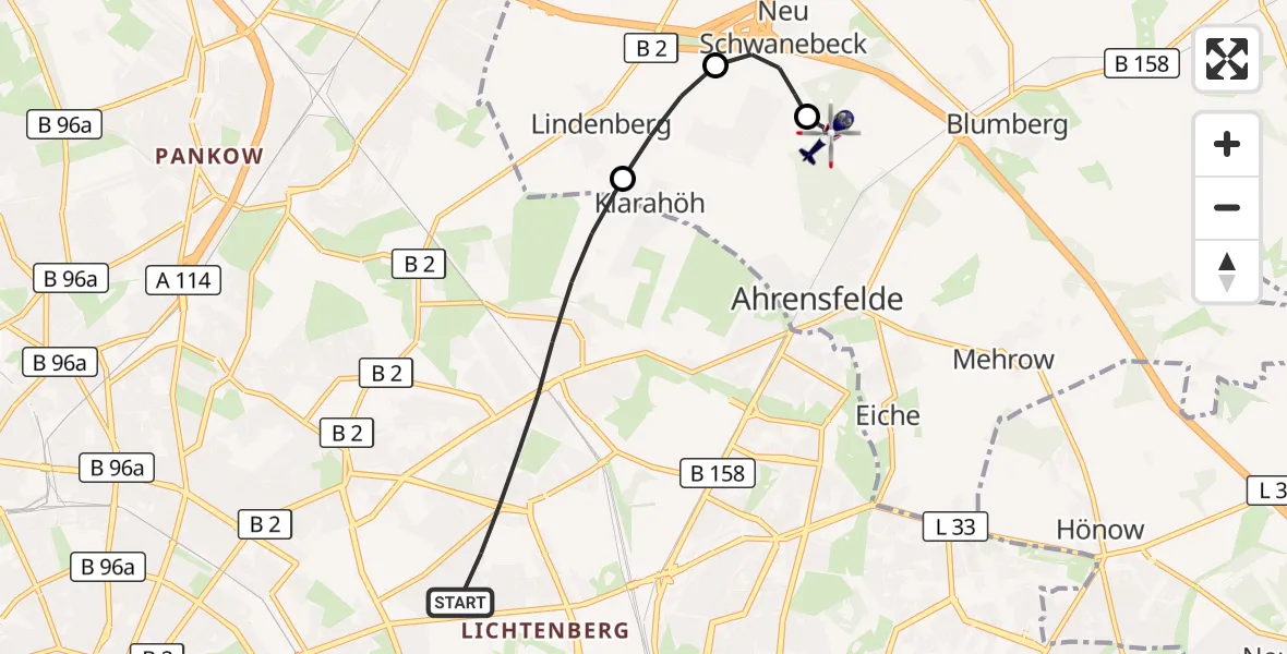 Flugroute Polizeihubschrauber Berlin - Ahrensfelde Hubschrauberlandeplatz, 08 Oktober 2026, 00:12