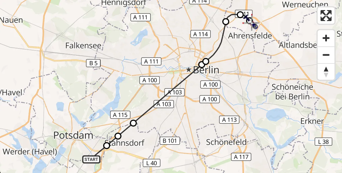 Flugroute Polizeihubschrauber Potsdam - Ahrensfelde Hubschrauberlandeplatz, 08 Oktober 2026, 03:14