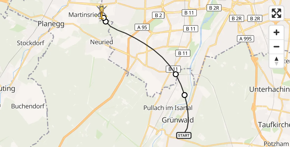 Flugroute Rettungshubschrauber Grünwald - DRF Air Rescue München Hubschrauberlandeplatz, 08 Oktober 2026, 04:00