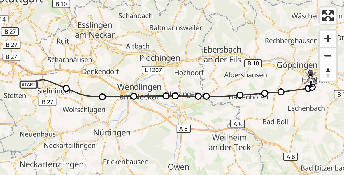 Flugroute Polizeihubschrauber Flughafen Stuttgart - Göppingen, 08 Oktober 2026, 05:04