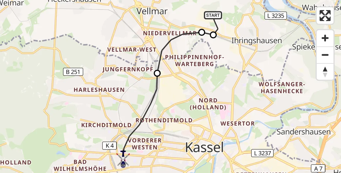 Flugroute Polizeihubschrauber Fuldatal Bundespolizei Hubschrauberlandeplatz - Kassel, 08 Oktober 2026, 05:33