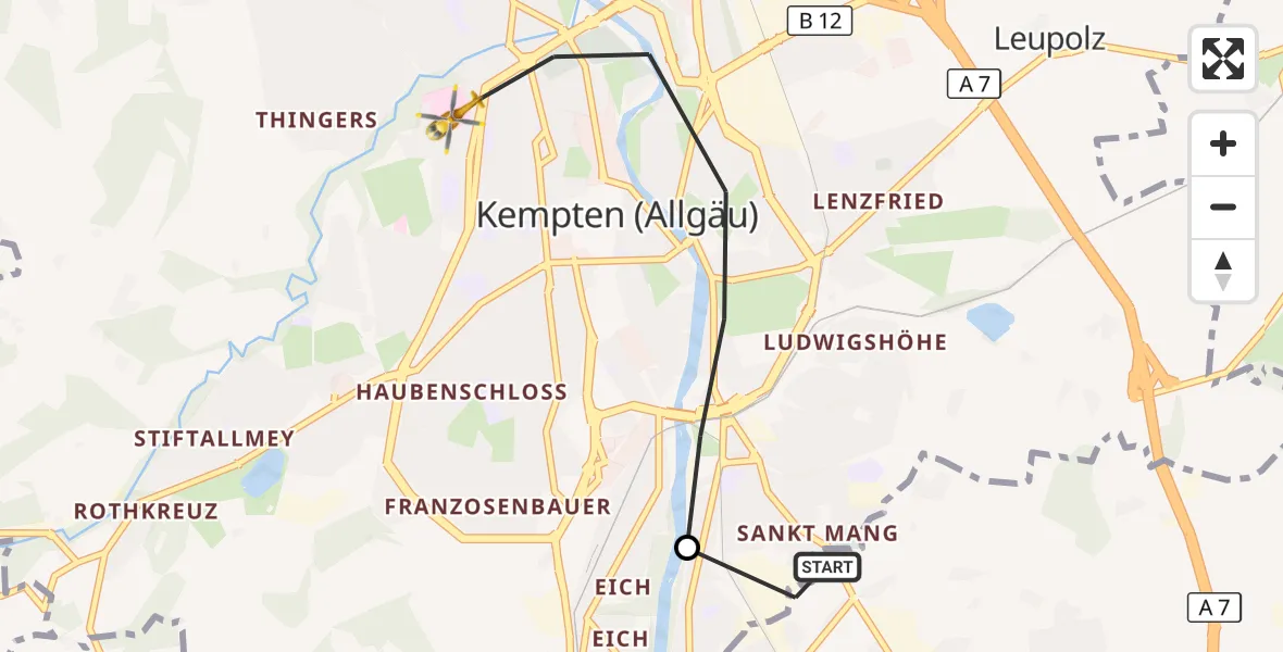 Flugroute Rettungshubschrauber Durach - Kempten (Allgäu), 08 Oktober 2026, 06:02