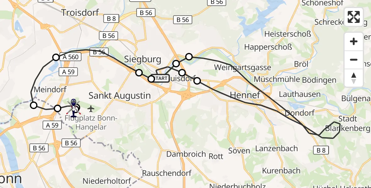 Flugroute Polizeihubschrauber Siegburg - Sankt Augustin, 08 Oktober 2026, 06:04