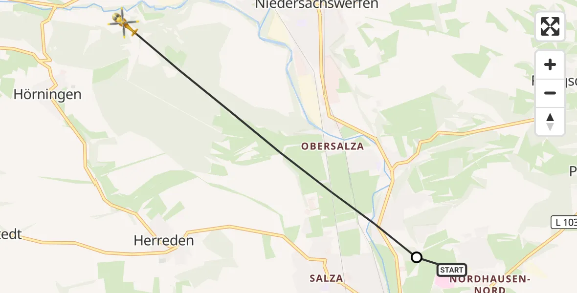 Flugroute Rettungshubschrauber Südharz Hospital Nordhausen - Ellrich, 08 Oktober 2026, 06:07