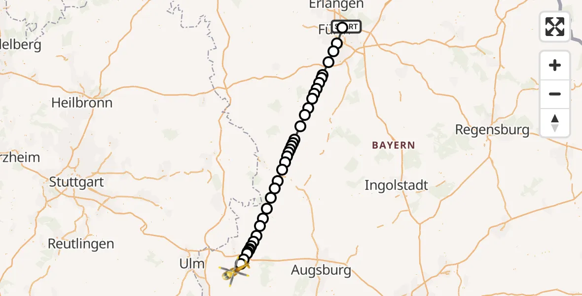 Flugroute Rettungshubschrauber Flughafen Nuremberg - Ichenhausen, 08 Oktober 2026, 06:35