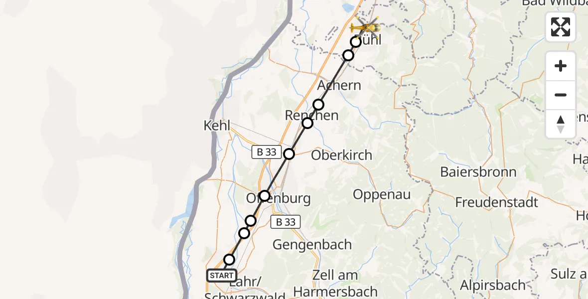 Flugroute Rettungshubschrauber Lahr Flughafen - Bühl, 08 Oktober 2026, 06:40