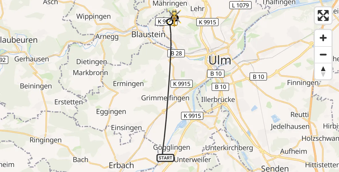 Flugroute Rettungshubschrauber Ulm - ADAC Air Rescue Station Ulm (Christoph 22), 08 Oktober 2026, 06:42