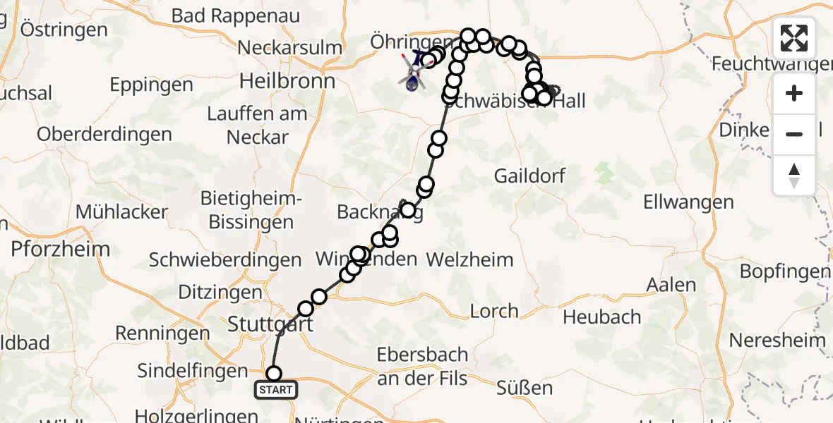 Flugroute Polizeihubschrauber Flughafen Stuttgart - Pfedelbach, 08 Oktober 2026, 06:42