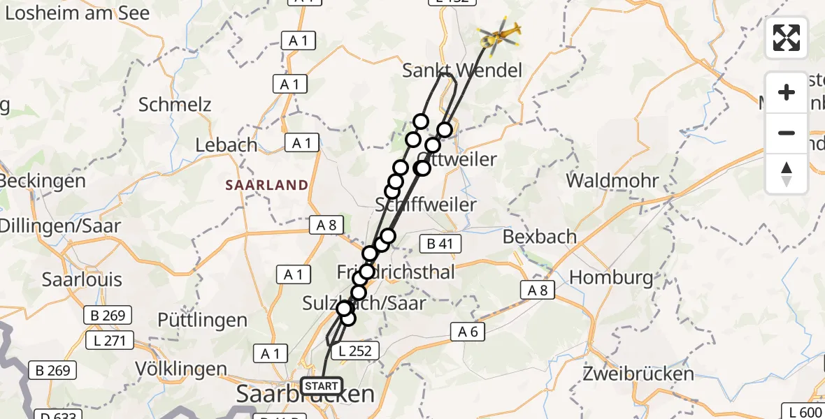 Flugroute Rettungshubschrauber Saarbrücken - St. Wendel, 08 Oktober 2026, 07:14